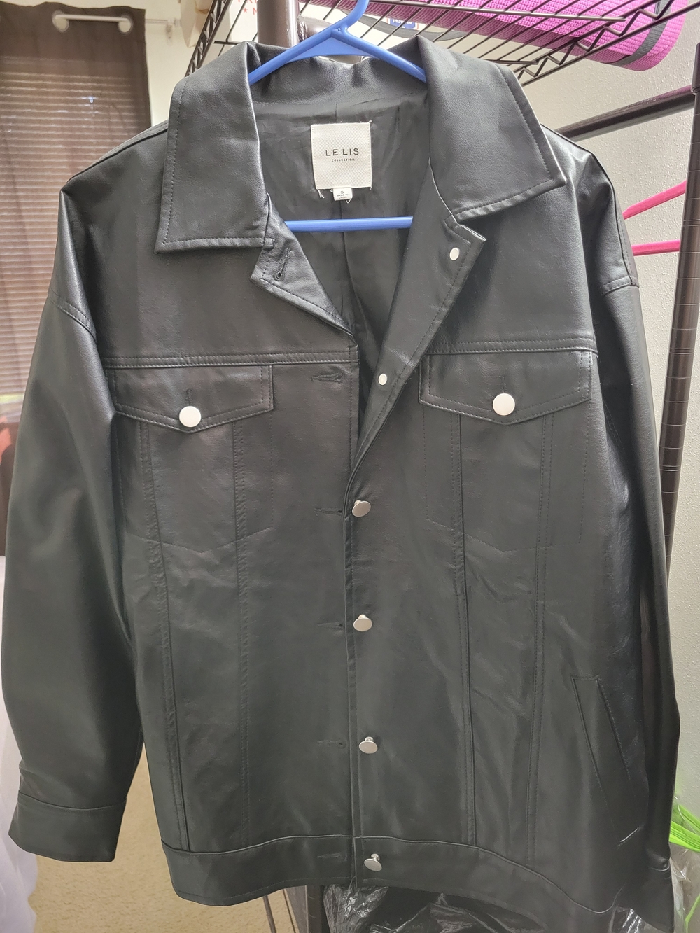 LE LIS Women's Black Faux Leather Trucker Jacket